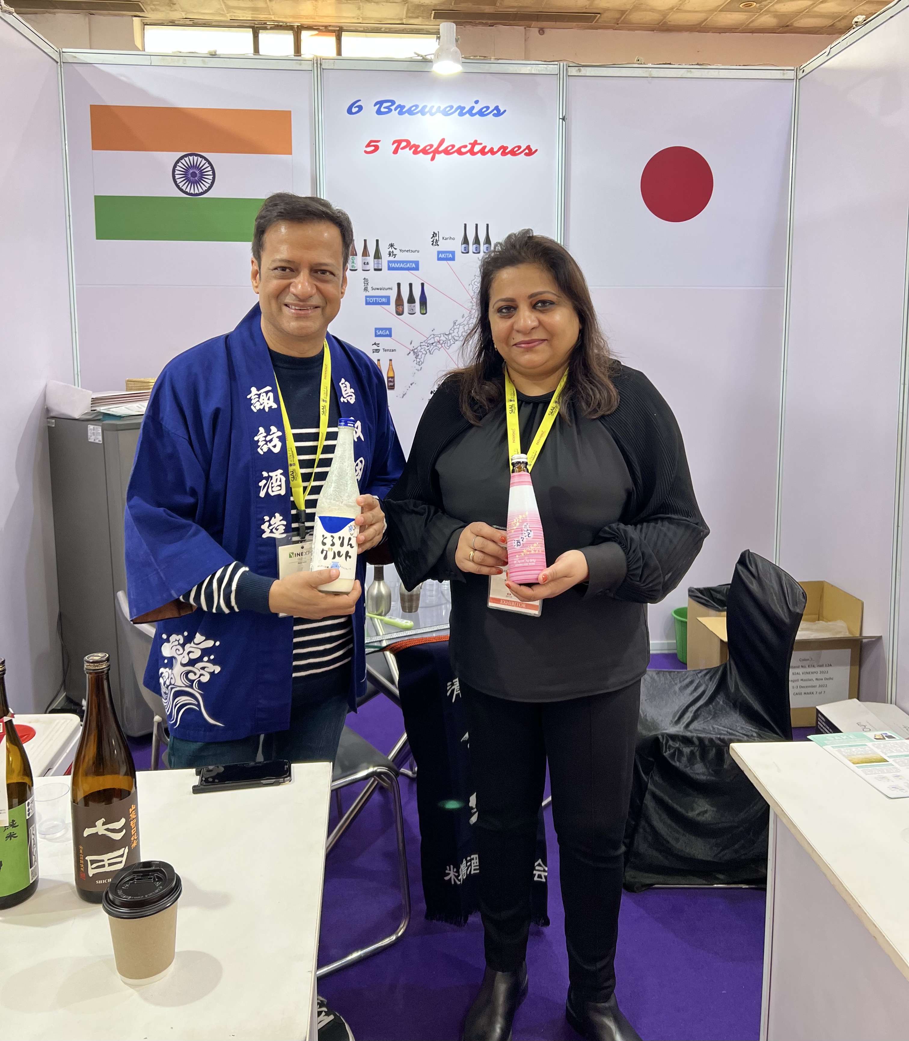 Ravi Joshi with Amrita Singh DipWSET at the Sake Club India booth at Vinexpo Delhi 2022