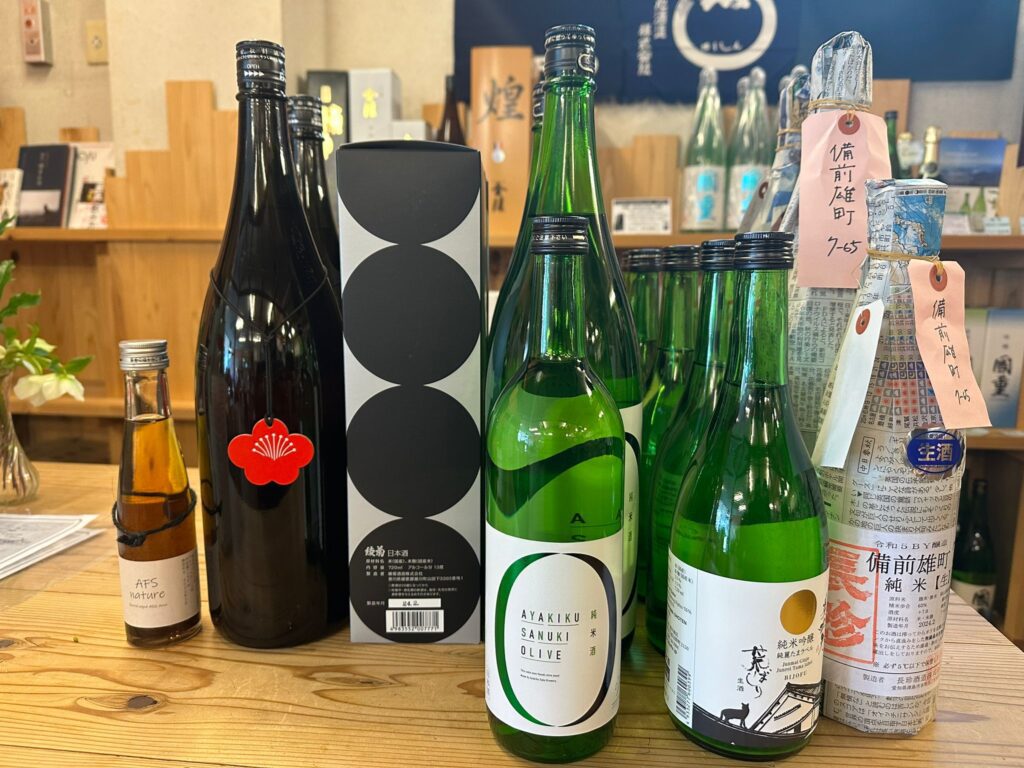 sake lineup at Sake Club India event in Kagawa Japan