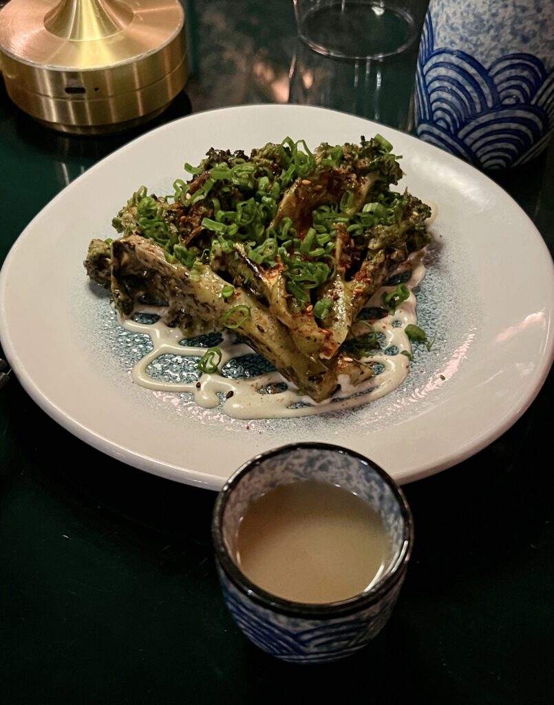 charred broccoli with nigori sake at torii mumbai