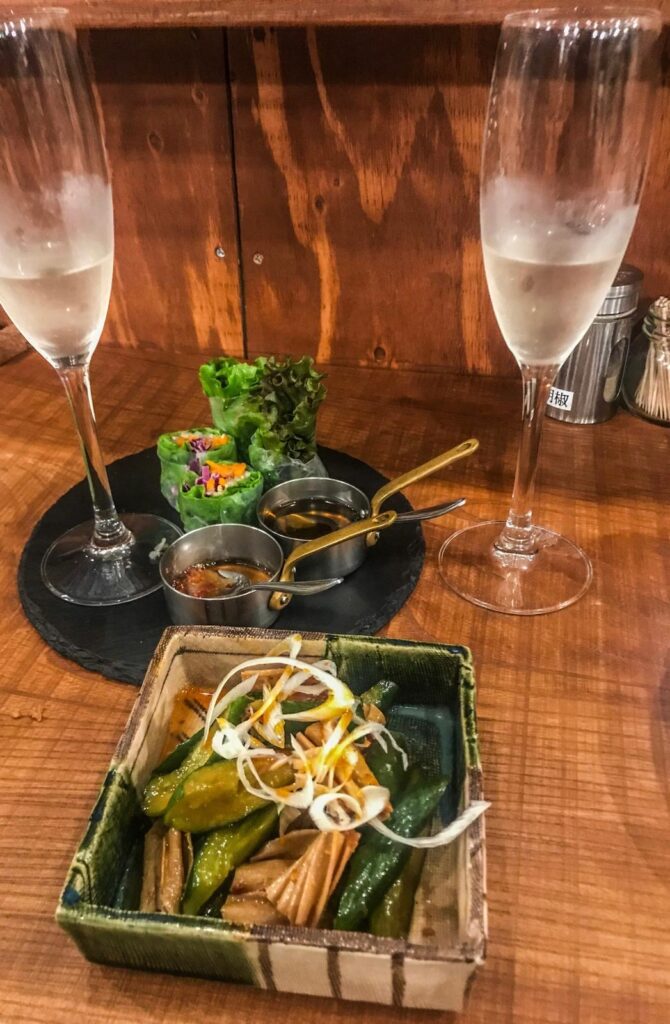 Japanese meal with sparkling sake