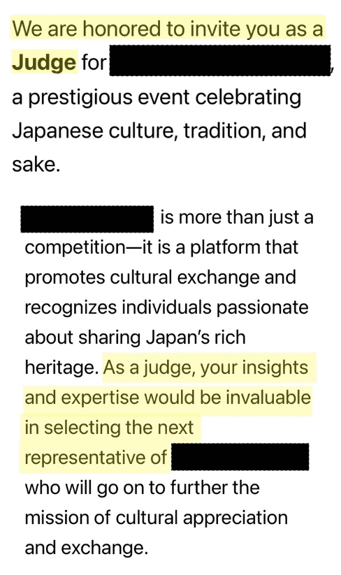 Judges Invitation for a Japanese Sake cultural event that was withdrawn later for implausible reasons.