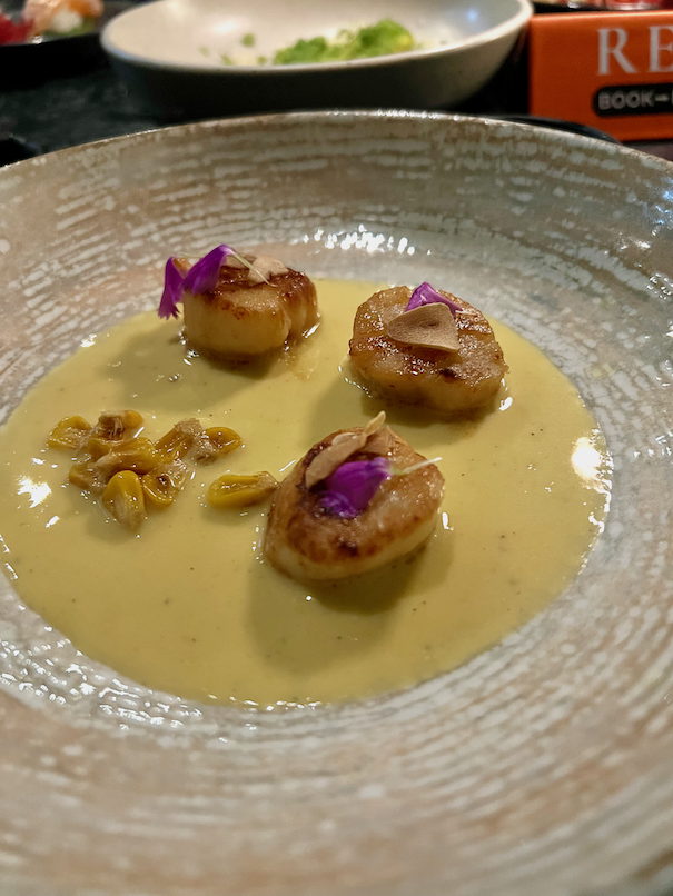 Sake-Poached Scallops with Sweet Corn Purée
