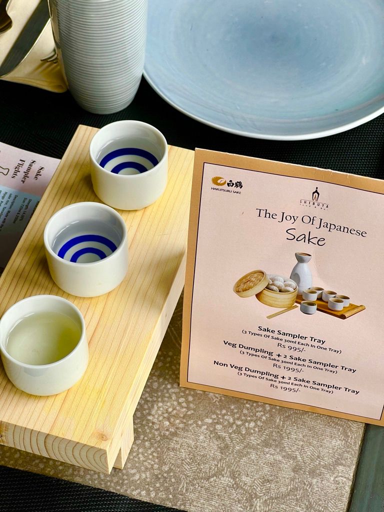 A Sake Sampler tray in a New Delhi restaurant
