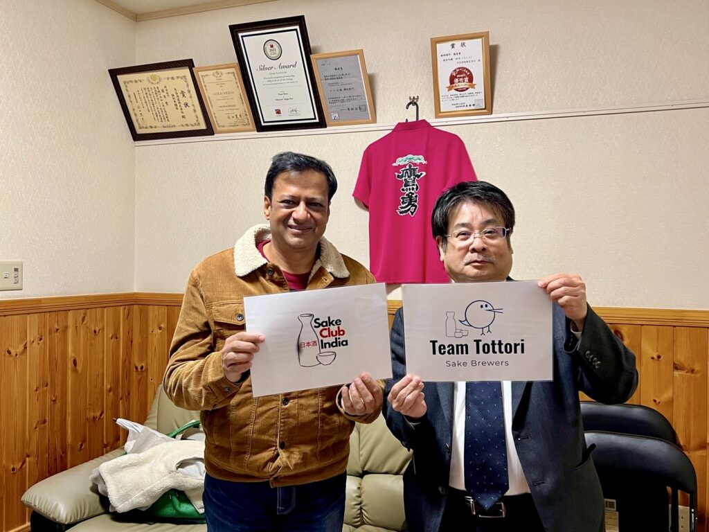 (L) Ravi Joshi, Founder Sake Club India with (R) Norio Inoue, Chairman, Team Tottori Sake Brewers at Otani Shuzo, Tottori Prefecture